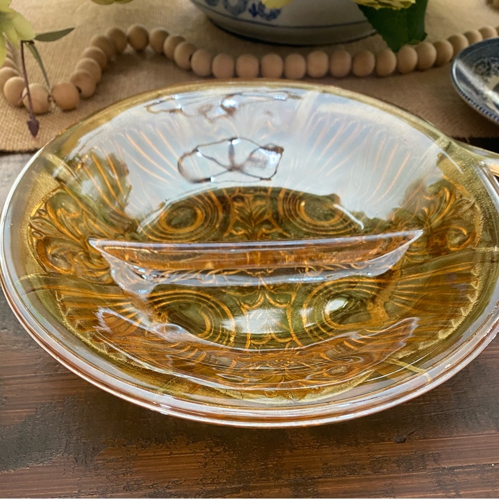 Vintage 1980’s Carnival Glass Divided Bowl With Handle